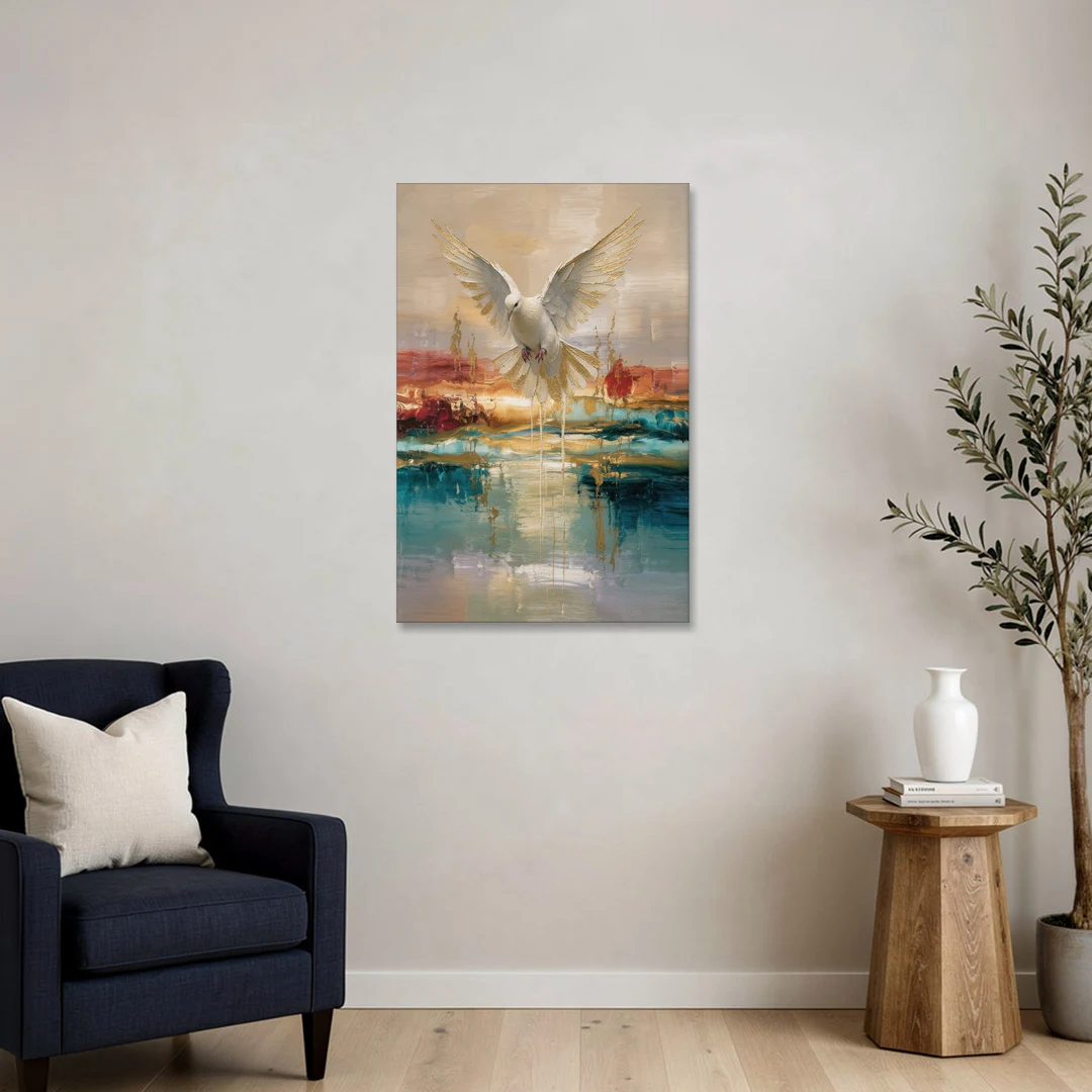 Holy Spirit Dove Painting Descending in Gold - Canvas Wall Art - Sofa - 24x36