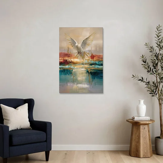 Holy Spirit Dove Painting Descending in Gold - Canvas Wall Art - Sofa - 24x36