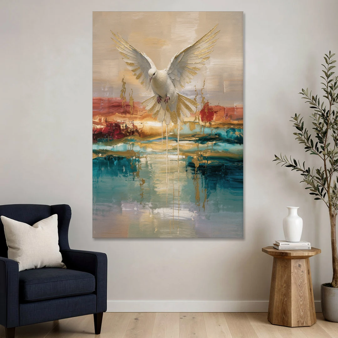 Holy Spirit Dove Painting Descending in Gold - Canvas Wall Art - Sofa - 40x60