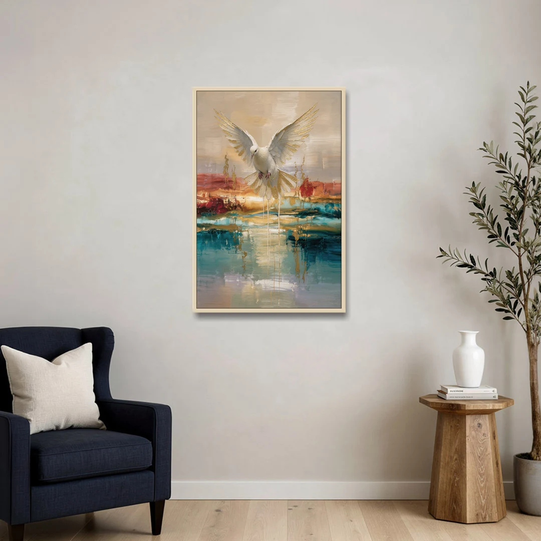 Holy Spirit Dove Painting Descending in Gold - Oak Framed Canvas Wall Art - Sofa - 24x36