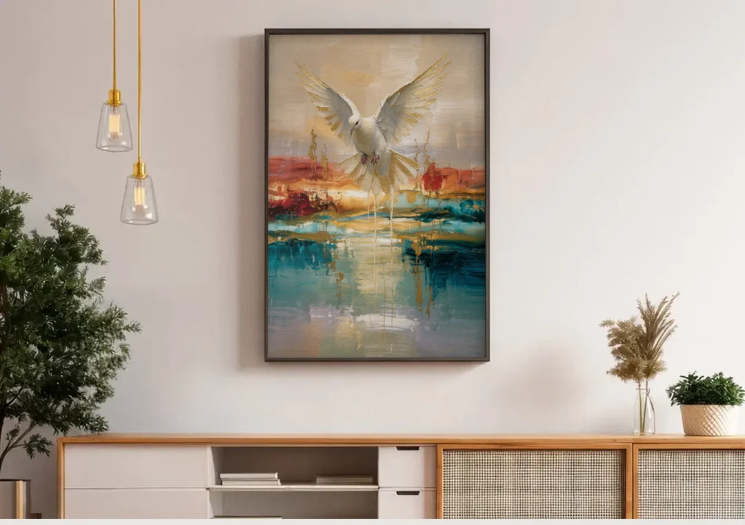 Holy Spirit Dove Painting Descending in Gold canvas wall art above a wooden sideboard under pendant lights