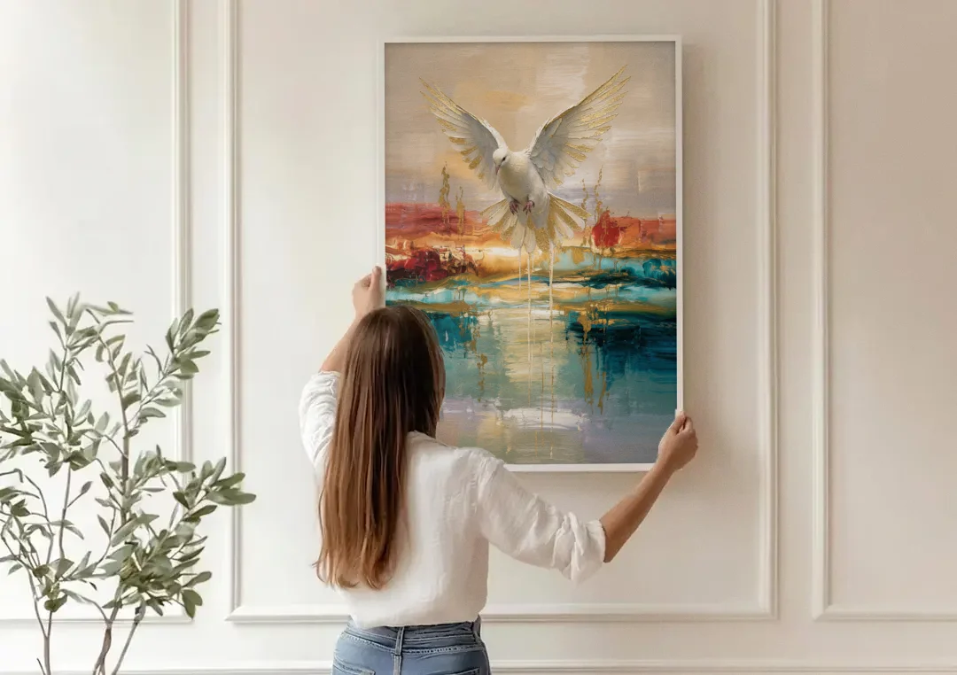 Holy Spirit Dove Painting Descending in Gold canvas wall art being hung on a paneled wall