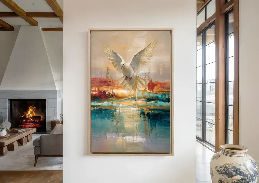 Holy Spirit Dove Painting Descending in Gold canvas wall art in a living room with a fireplace