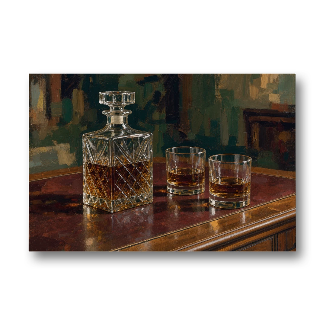 Home Bar Decor with Crystal Decanter and Bourbon - Canvas Wall Art - Front