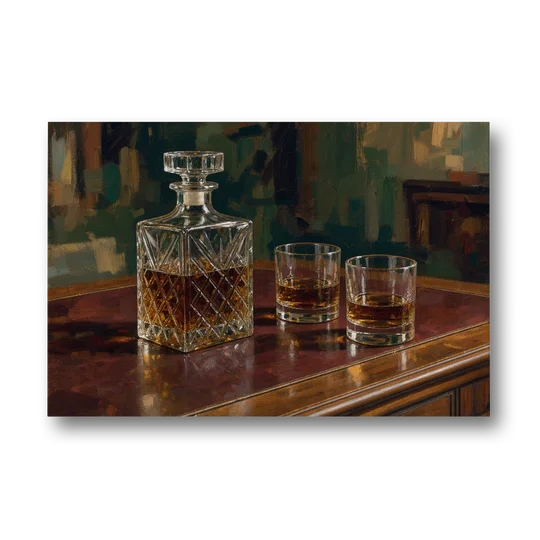 Home Bar Decor with Crystal Decanter and Bourbon - Canvas Wall Art - Front