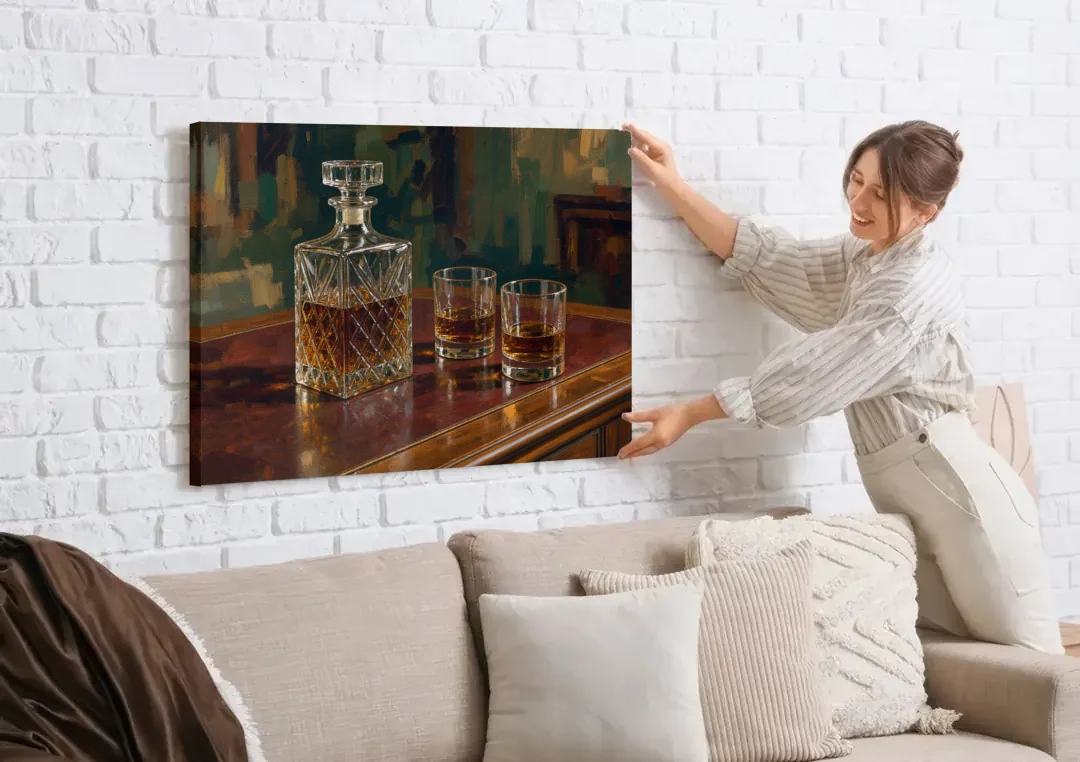 Home Bar Decor with Crystal Decanter and Bourbon canvas wall art being hung on a white brick wall above a sofa