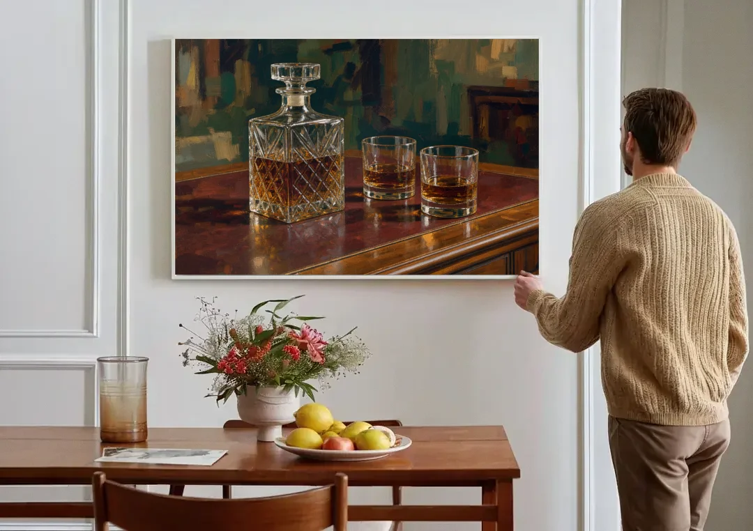 Home Bar Decor with Crystal Decanter and Bourbon canvas wall art above a dining table