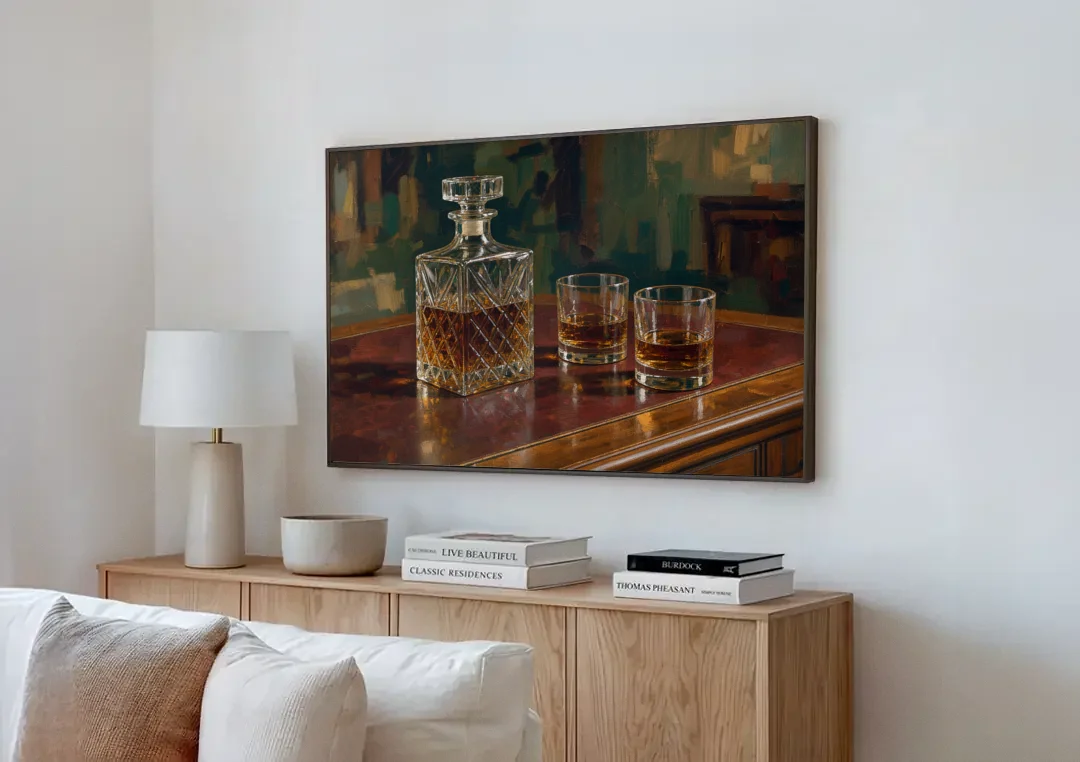 Home Bar Decor with Crystal Decanter and Bourbon canvas wall art above a wooden sideboard next to a sofa