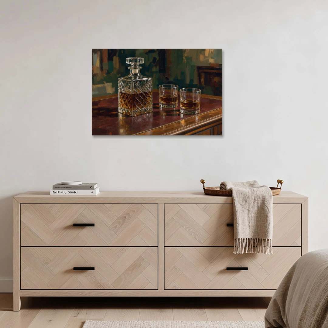 Home Bar Decor with Crystal Decanter and Bourbon - Canvas Wall Art - Coffee Table - 36x24