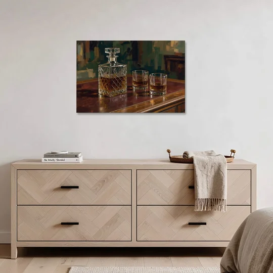 Home Bar Decor with Crystal Decanter and Bourbon - Canvas Wall Art - Coffee Table - 36x24
