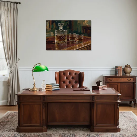 Home Bar Decor with Crystal Decanter and Bourbon - Canvas Wall Art - Office - 36x24