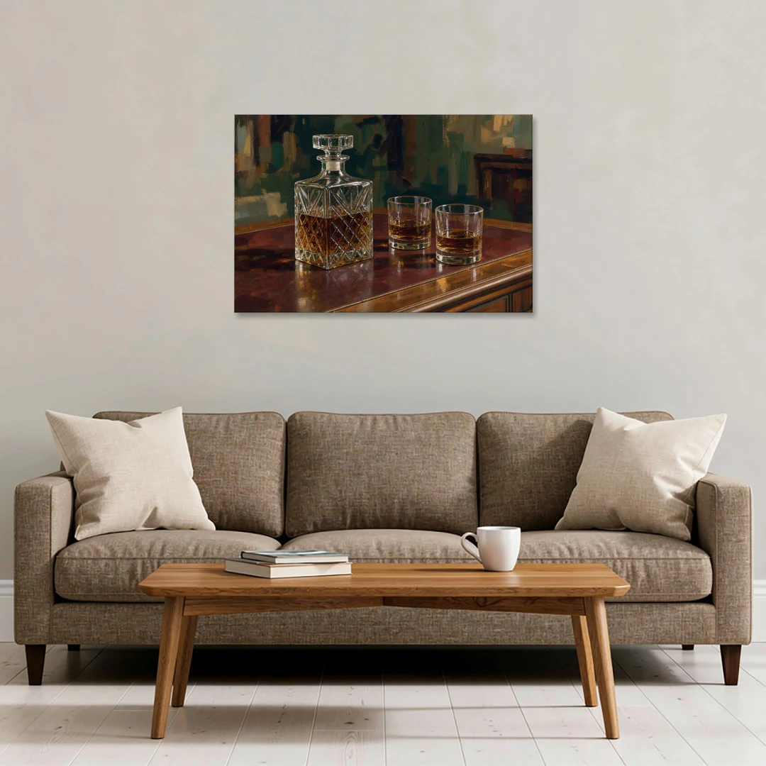 Home Bar Decor with Crystal Decanter and Bourbon - Canvas Wall Art - Sofa - 36x24