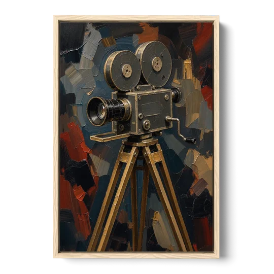 Home Cinema Wall Art with a Vintage Cine Camera - Oak Framed Canvas Wall Art - Front