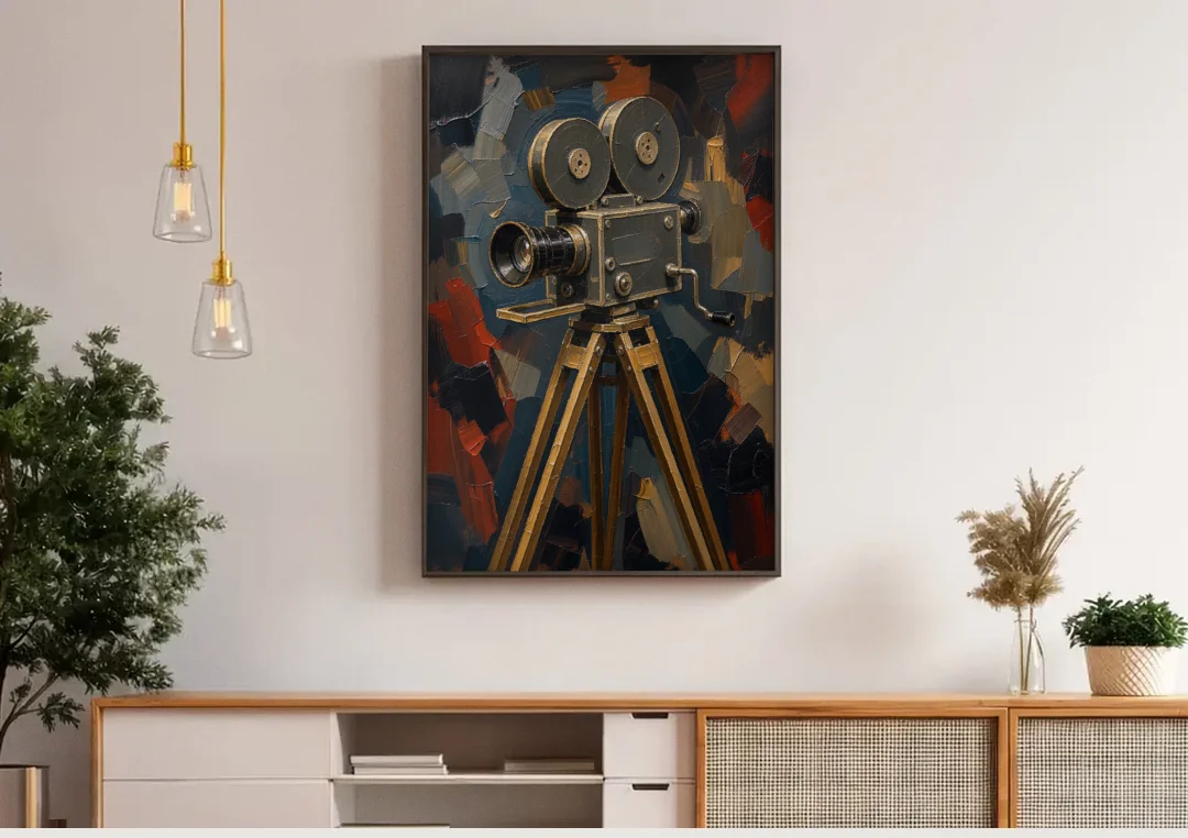 Home Cinema Wall Art with a Vintage Cine Camera canvas wall art above a wooden sideboard under pendant lights