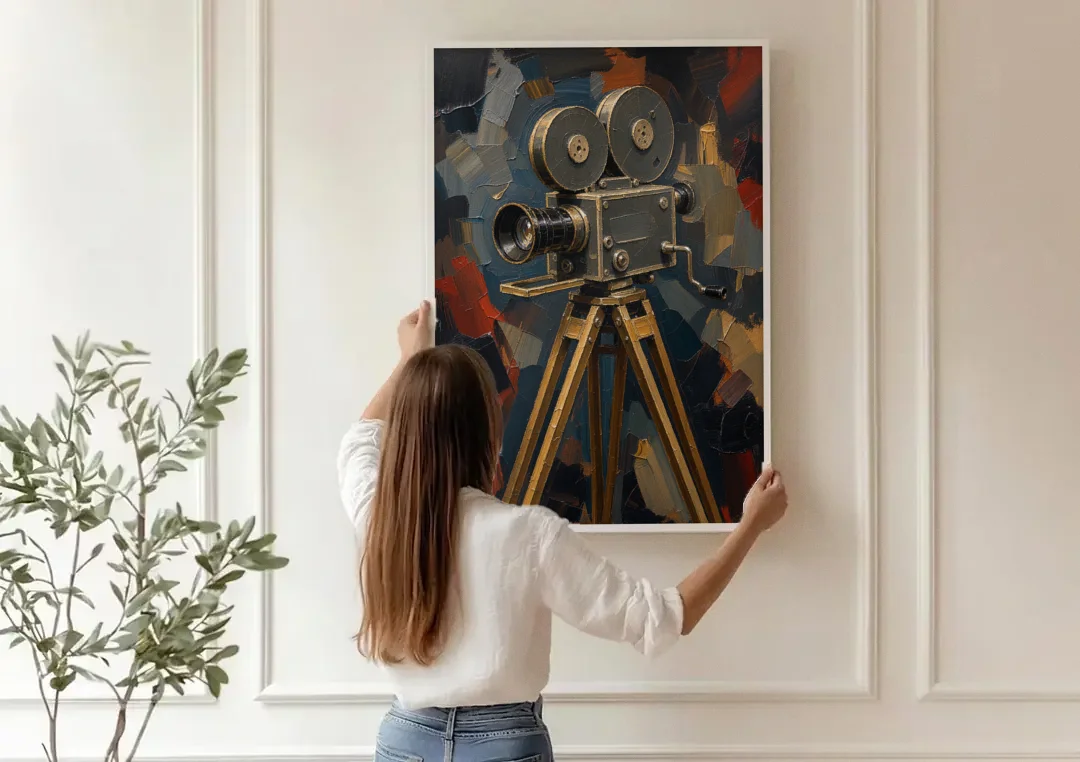 Home Cinema Wall Art with a Vintage Cine Camera canvas wall art being hung on a paneled wall