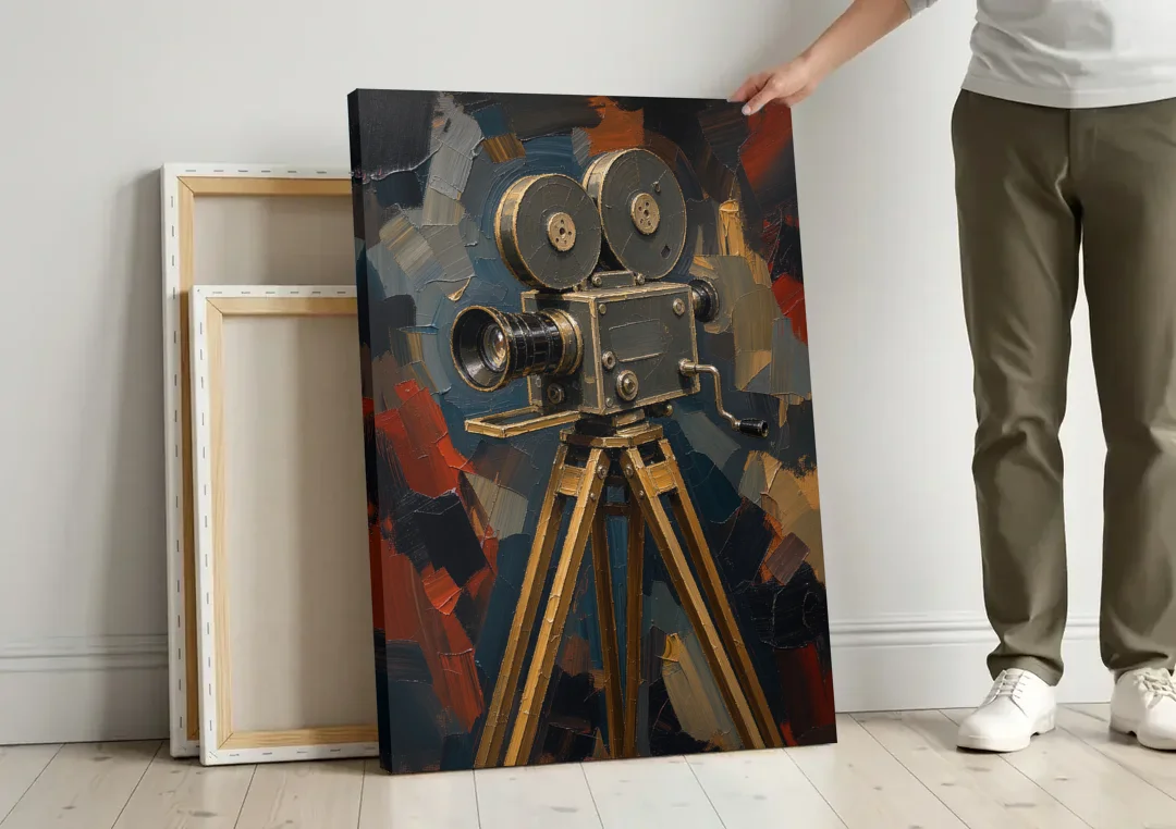 Home Cinema Wall Art with a Vintage Cine Camera canvas wall art leaning against a wall next to blank canvases