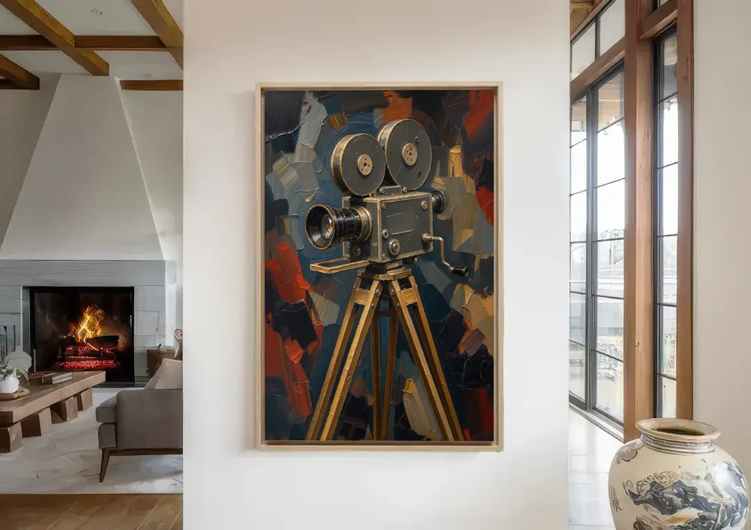 Home Cinema Wall Art with a Vintage Cine Camera canvas wall art in a living room with a fireplace