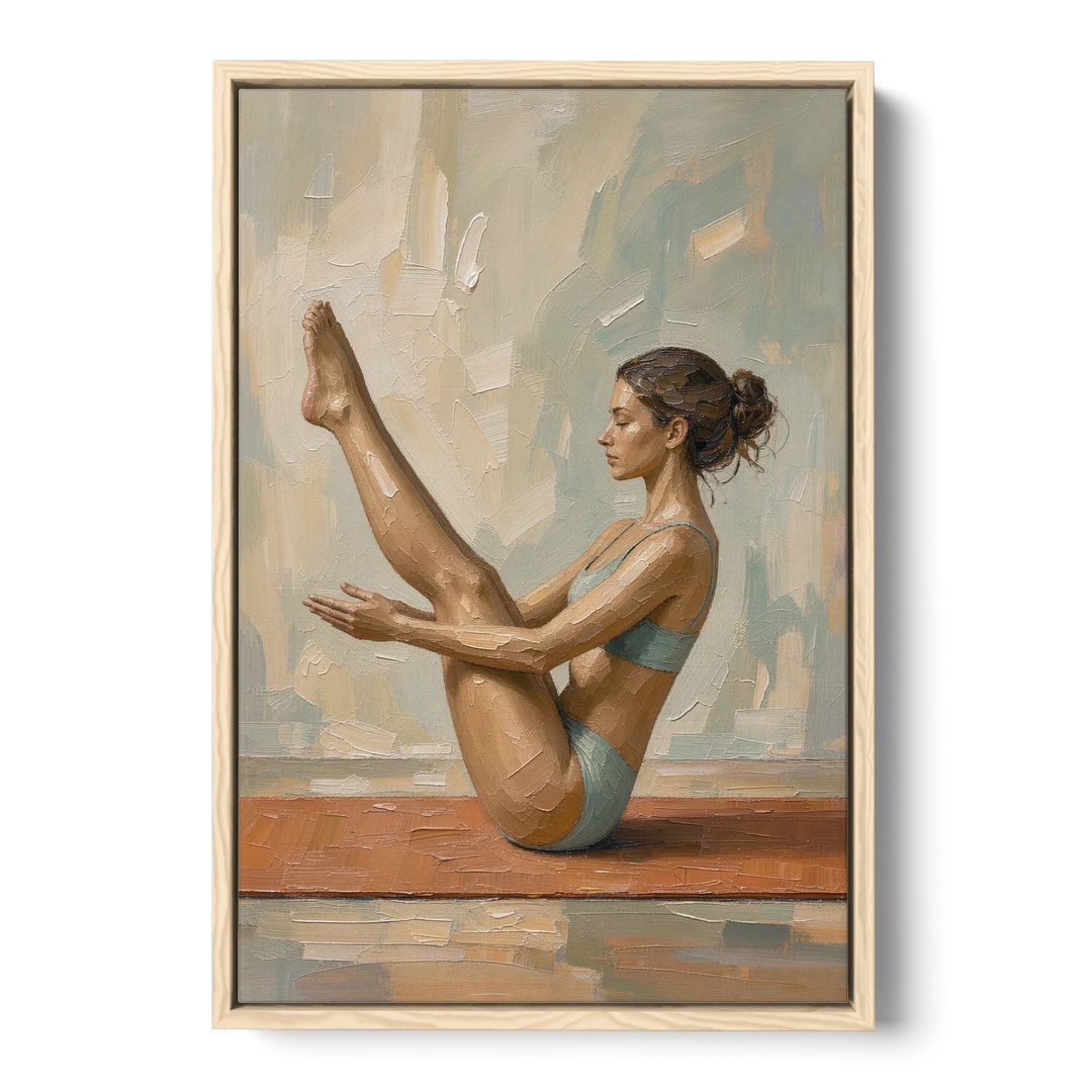 Home Gym Boat Pose on a Terracotta Mat - Oak Framed Canvas Wall Art - Front