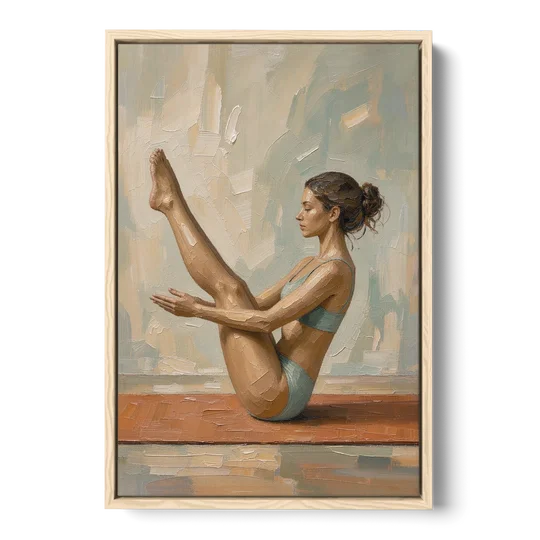 Home Gym Boat Pose on a Terracotta Mat - Oak Framed Canvas Wall Art - Front