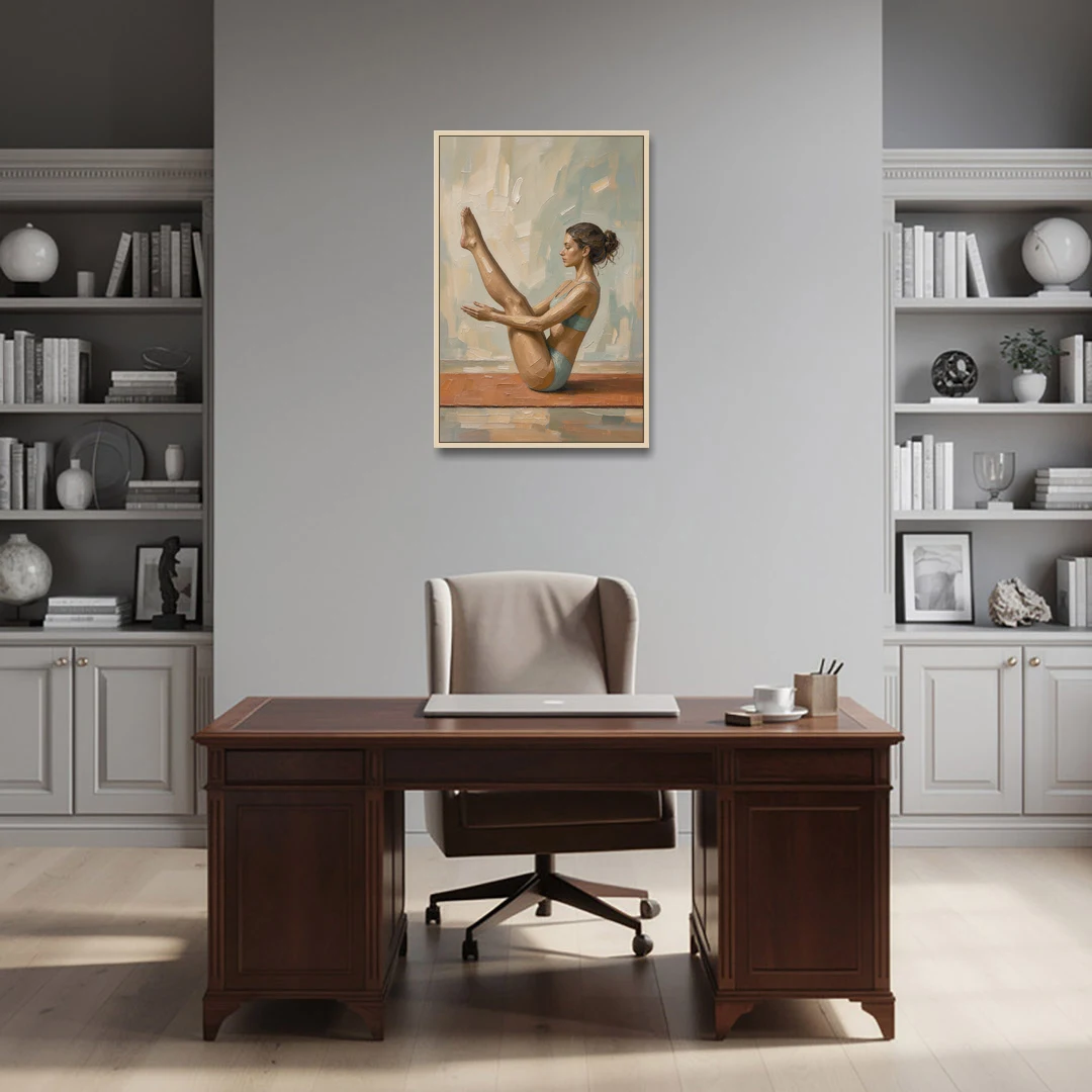 Home Gym Boat Pose on a Terracotta Mat - Oak Framed Canvas Wall Art - Office - 24x36
