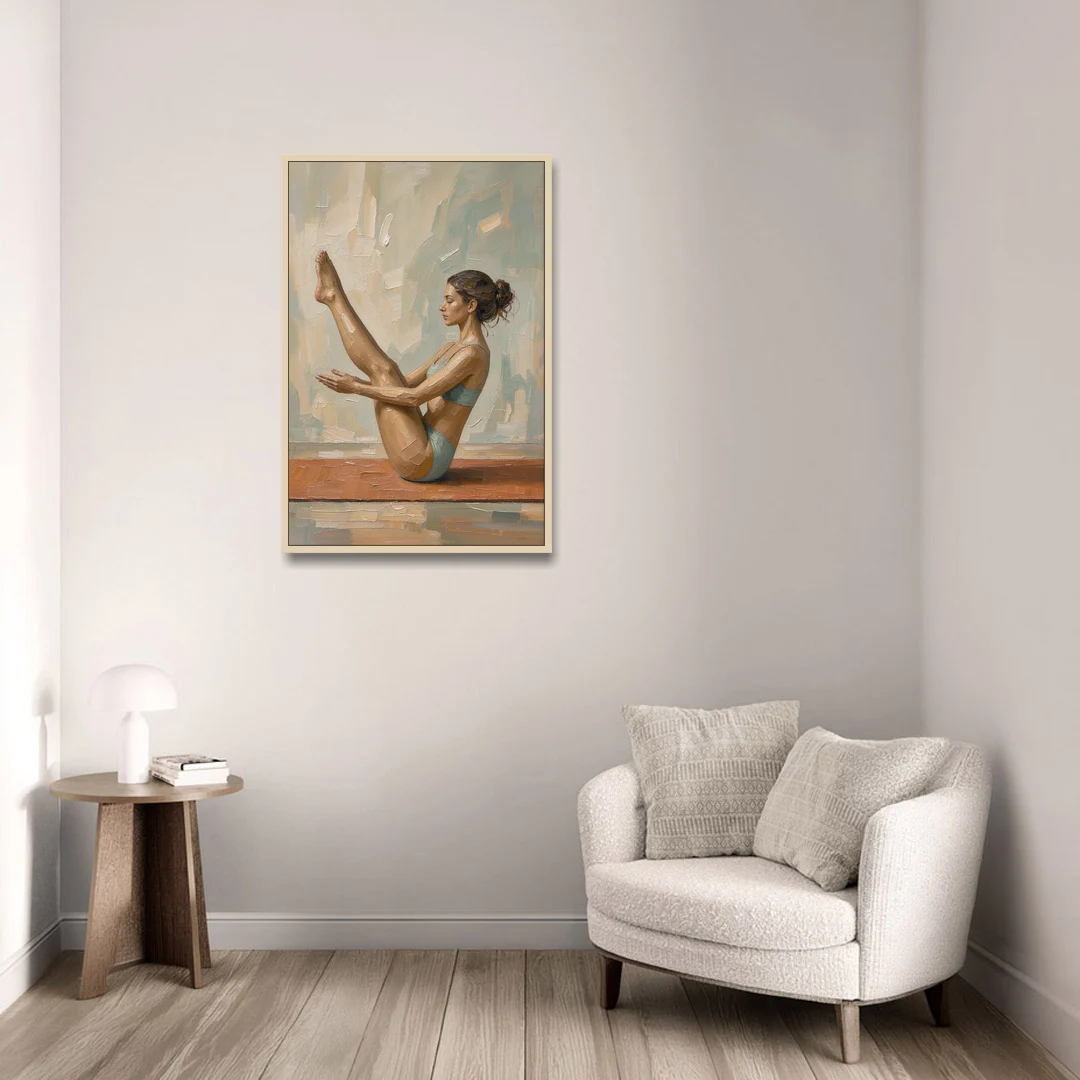 Home Gym Boat Pose on a Terracotta Mat - Oak Framed Canvas Wall Art - Sofa - 24x36