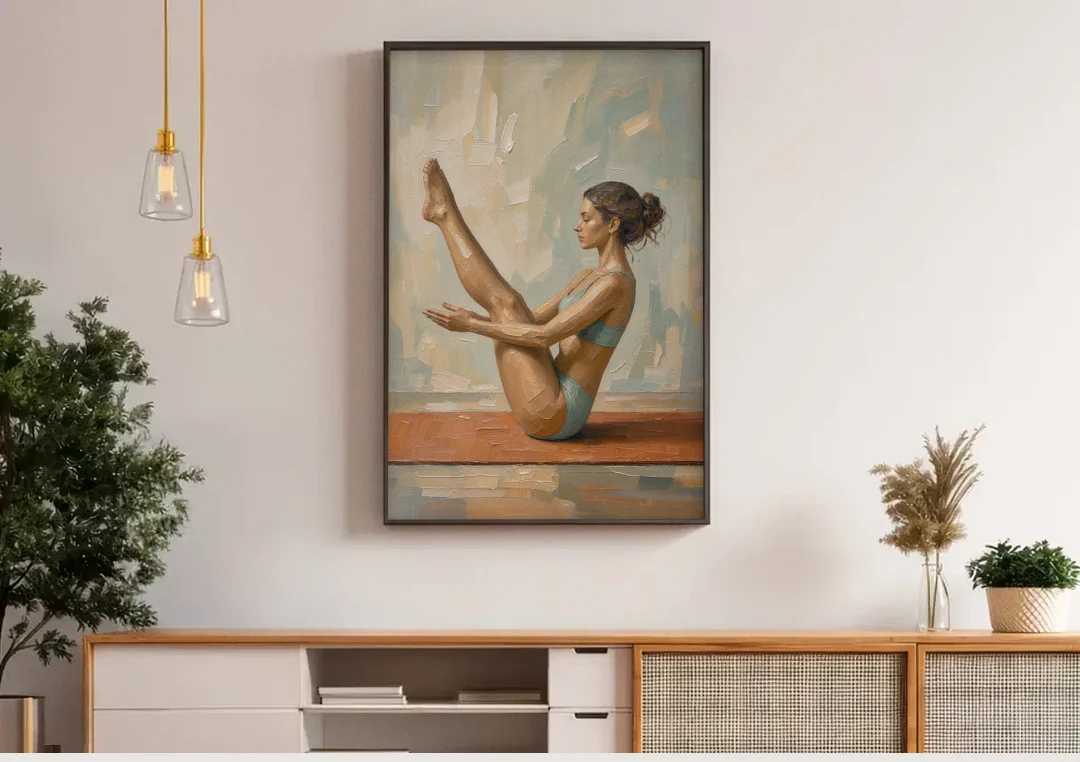 Home Gym Boat Pose on a Terracotta Mat canvas wall art above a wooden sideboard under pendant lights