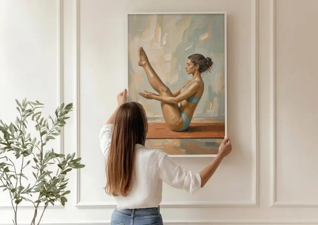 Home Gym Boat Pose on a Terracotta Mat canvas wall art being hung on a paneled wall