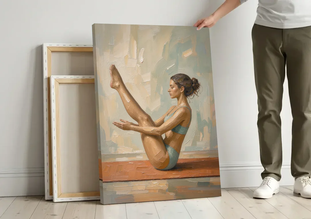 Home Gym Boat Pose on a Terracotta Mat canvas wall art leaning against a wall next to blank canvases