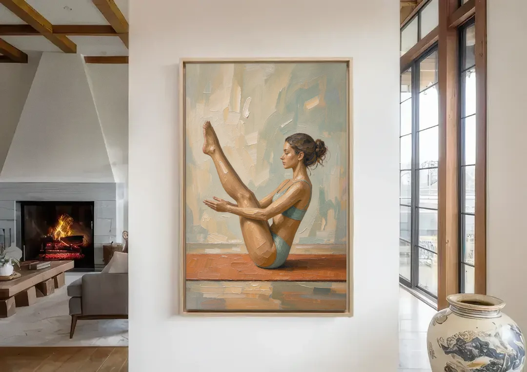 Home Gym Boat Pose on a Terracotta Mat canvas wall art in a living room with a fireplace