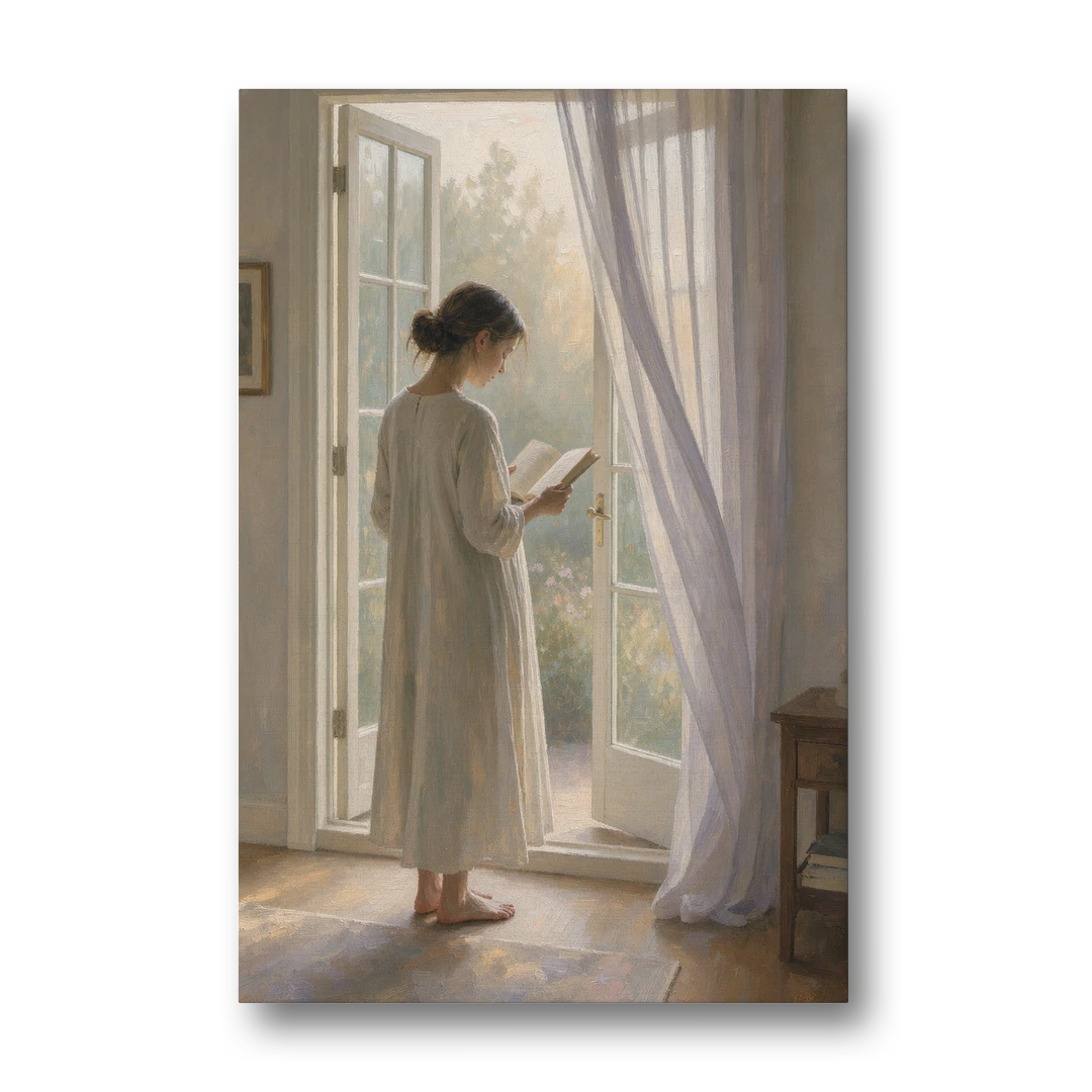 Home Library Decor with Reader at the French Window - Canvas Wall Art - Front