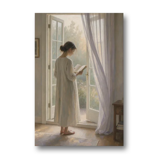 Home Library Decor with Reader at the French Window - Canvas Wall Art - Front