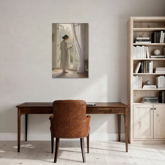 Home Library Decor with Reader at the French Window - Canvas Wall Art - Office - 24x36