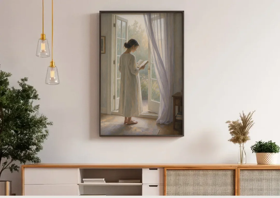 Home Library Decor with Reader at the French Window canvas wall art above a wooden sideboard under pendant lights