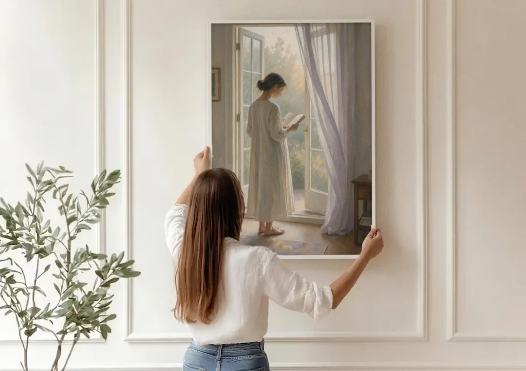 Home Library Decor with Reader at the French Window canvas wall art being hung on a paneled wall