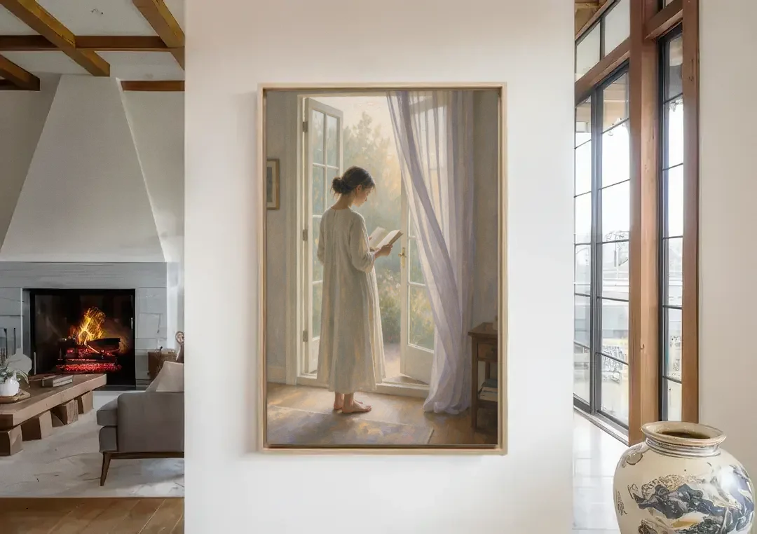 Home Library Decor with Reader at the French Window canvas wall art in a living room with a fireplace