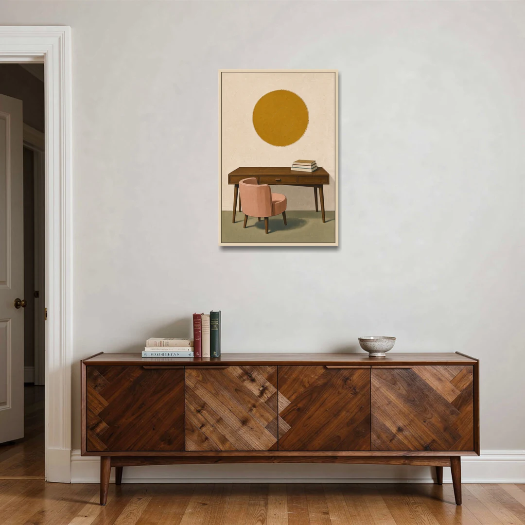 Home Office Wall Art with Blush Tub Chair - Oak Framed Canvas Wall Art - Coffee Table - 24x36