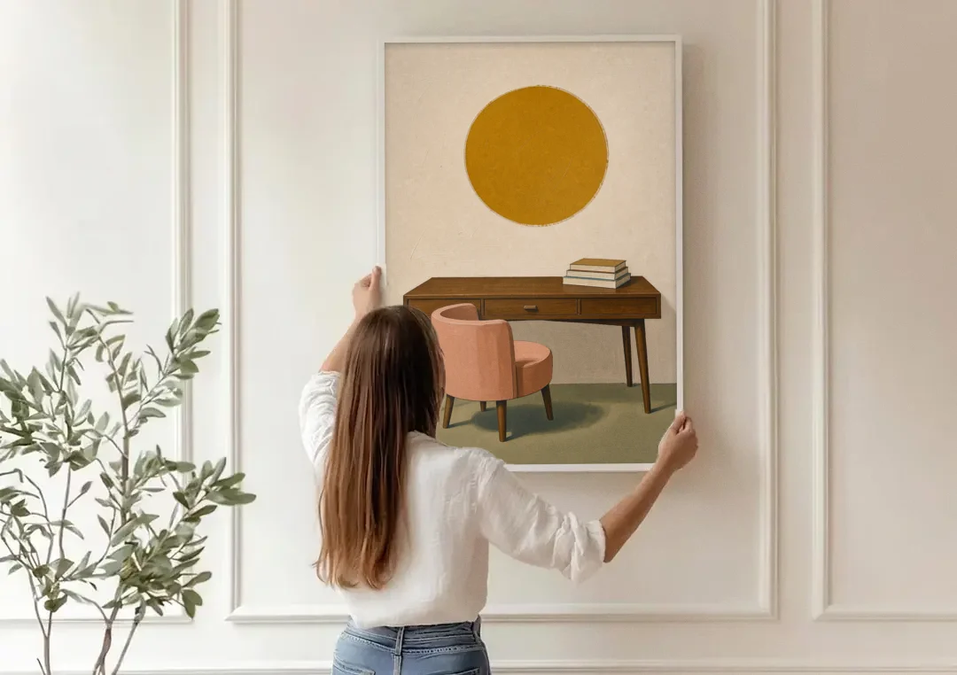 Home Office Wall Art with Blush Tub Chair canvas wall art being hung on a paneled wall