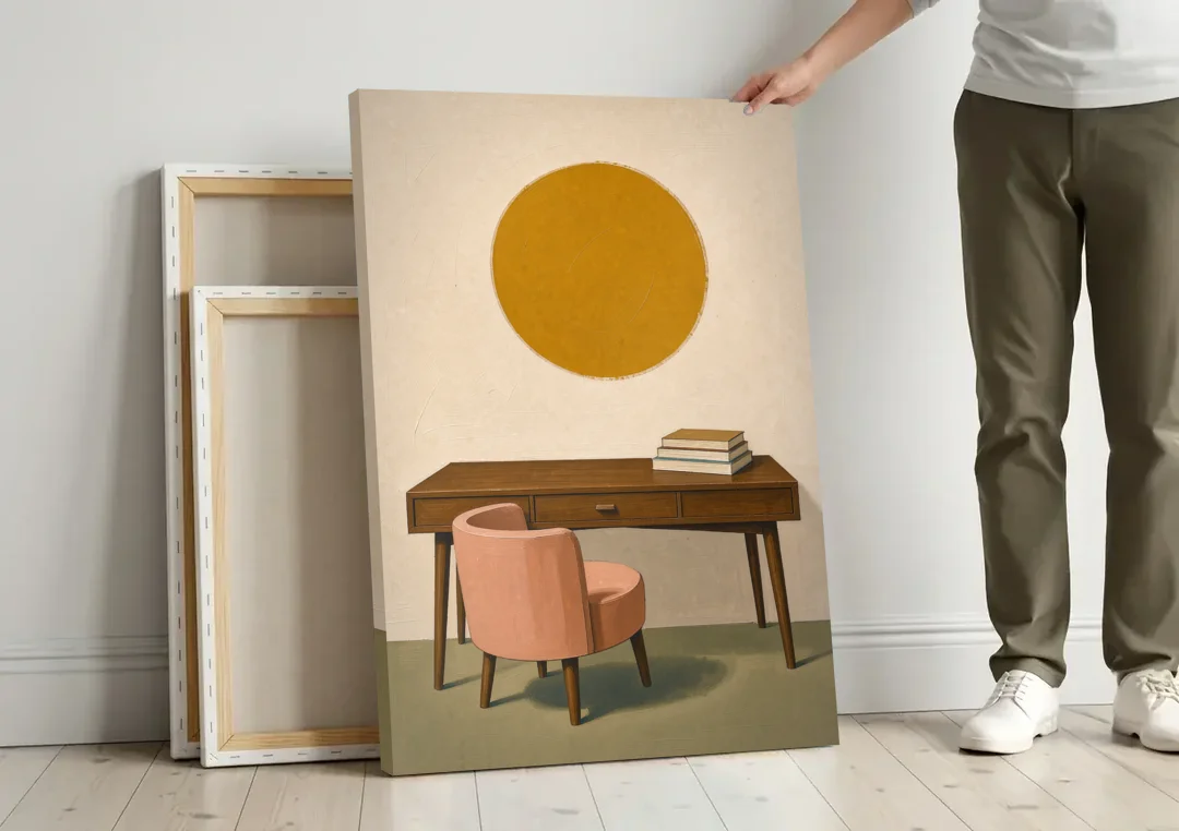 Home Office Wall Art with Blush Tub Chair canvas wall art leaning against a wall next to blank canvases
