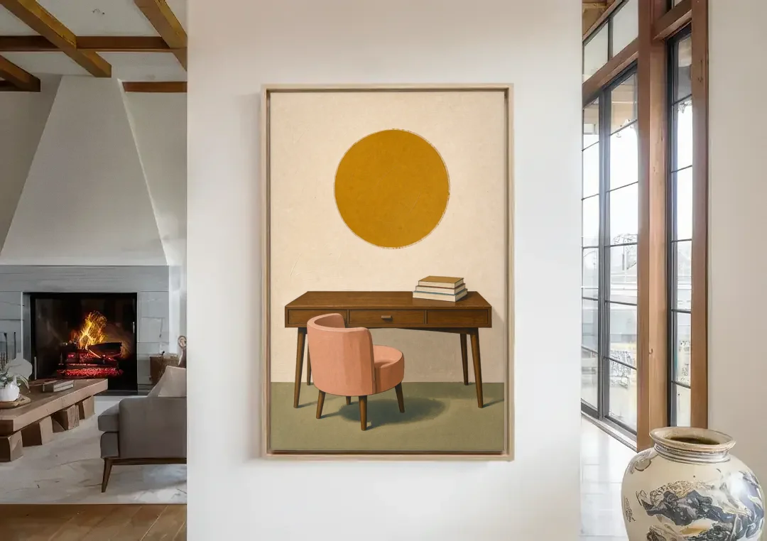 Home Office Wall Art with Blush Tub Chair canvas wall art in a living room with a fireplace