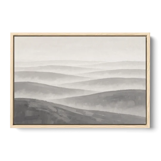 Home Office Wall Decor with Misty Rolling Hills - Oak Framed Canvas Wall Art - Front