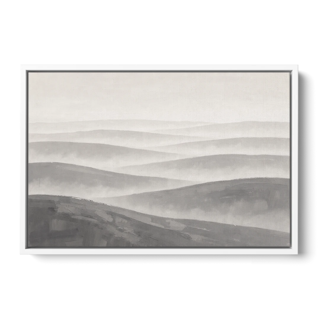 Home Office Wall Decor with Misty Rolling Hills - White Framed Canvas Wall Art - Front