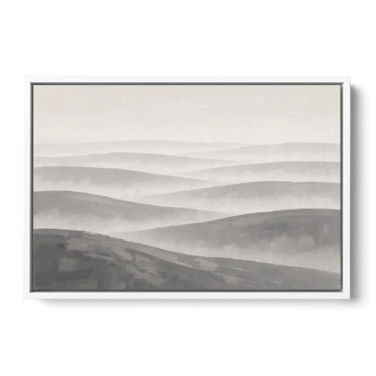 Home Office Wall Decor with Misty Rolling Hills - White Framed Canvas Wall Art - Front