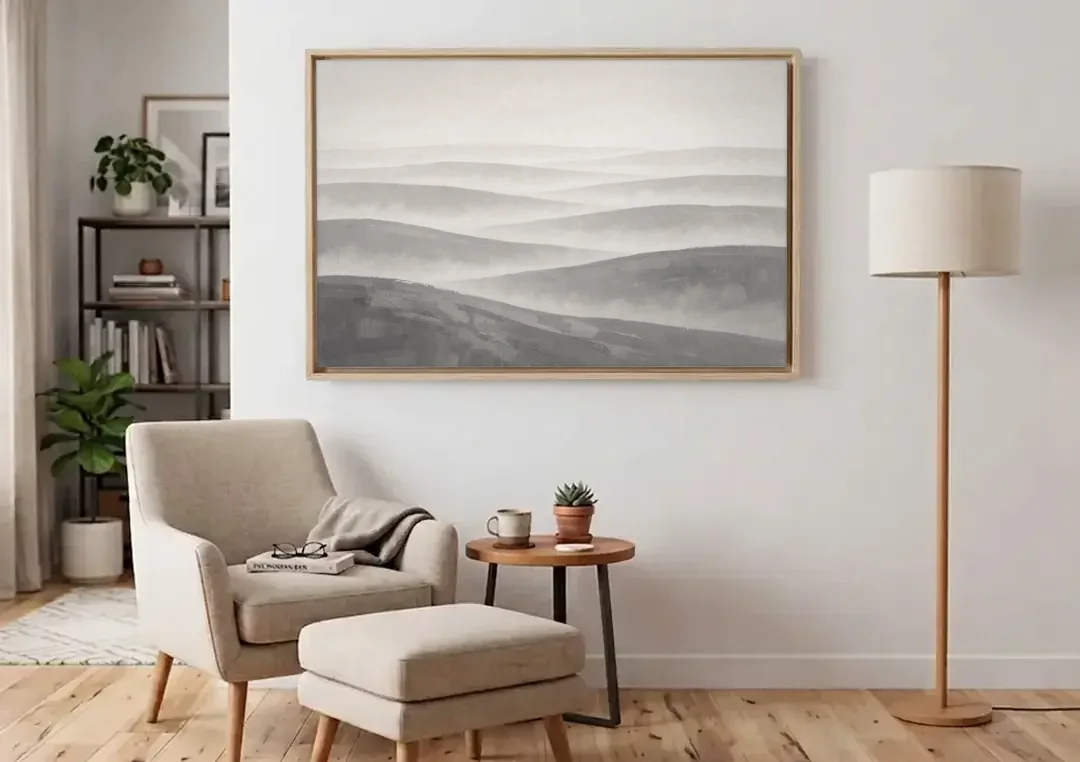 Home Office Wall Decor with Misty Rolling Hills canvas wall art above an armchair in a bright living room