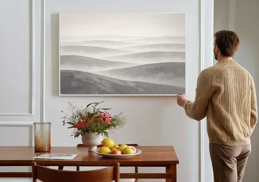 Home Office Wall Decor with Misty Rolling Hills canvas wall art above a dining table