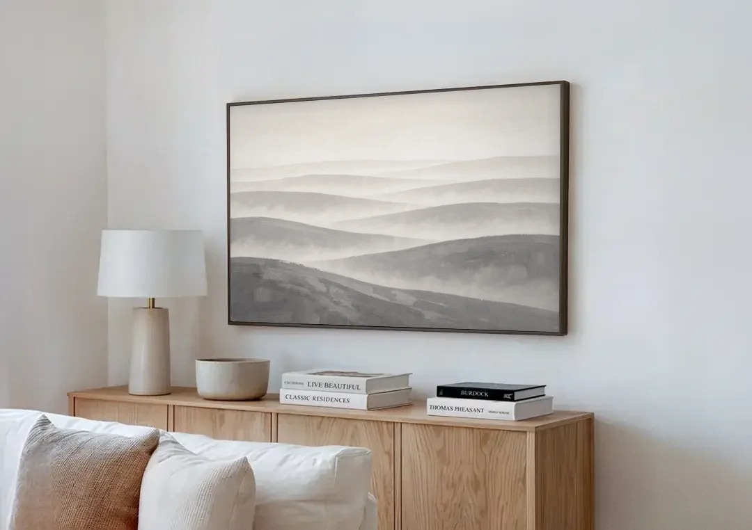 Home Office Wall Decor with Misty Rolling Hills canvas wall art above a wooden sideboard next to a sofa