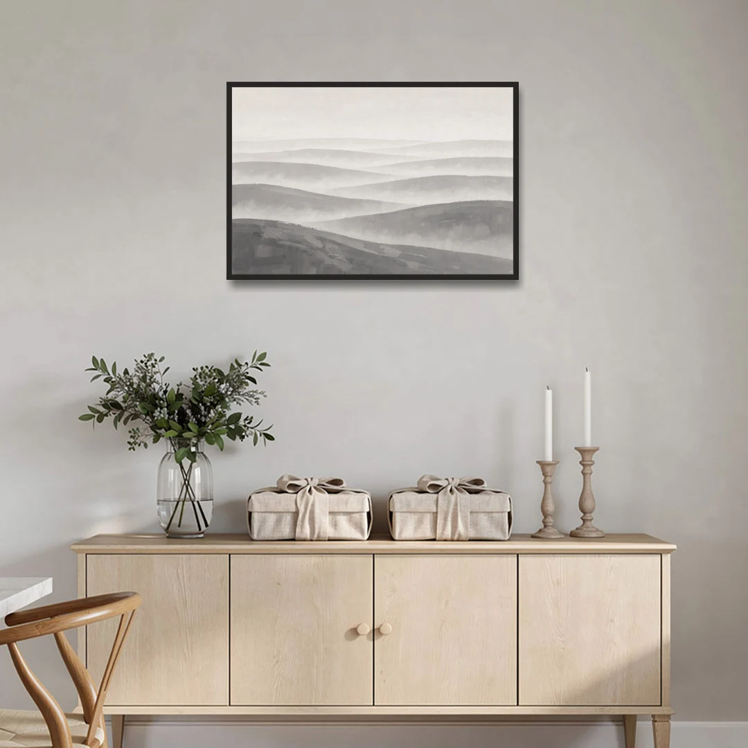 Home Office Wall Decor with Misty Rolling Hills - Black Framed Canvas Wall Art - Coffee Table - 36x24