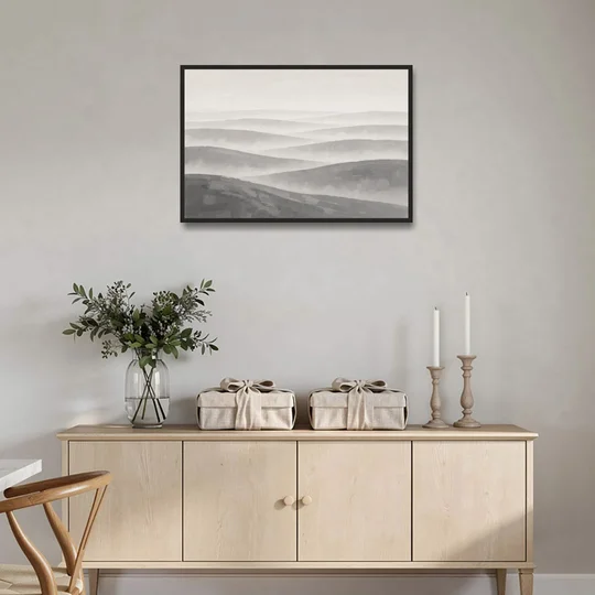 Home Office Wall Decor with Misty Rolling Hills - Black Framed Canvas Wall Art - Coffee Table - 36x24