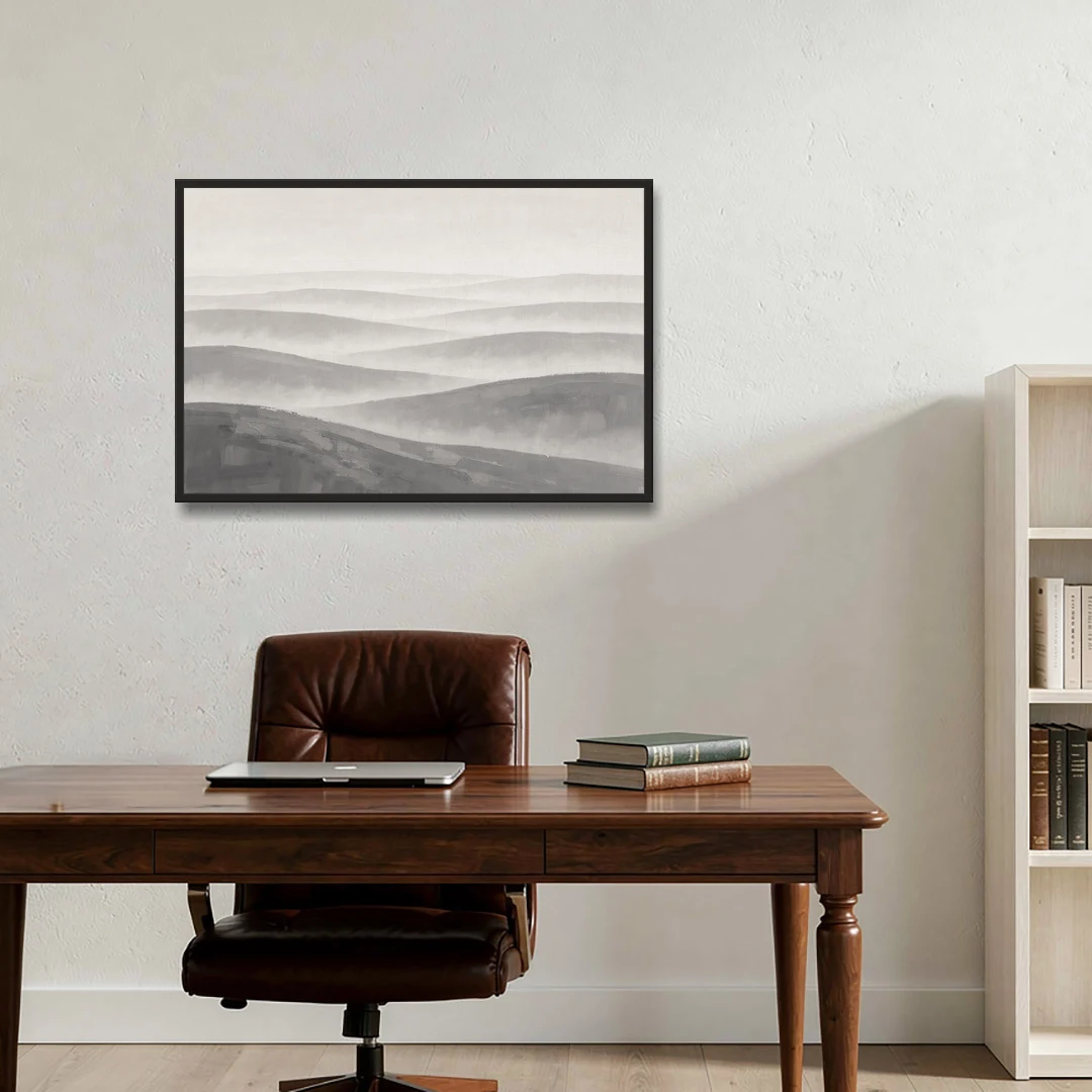 Home Office Wall Decor with Misty Rolling Hills - Black Framed Canvas Wall Art - Office - 36x24