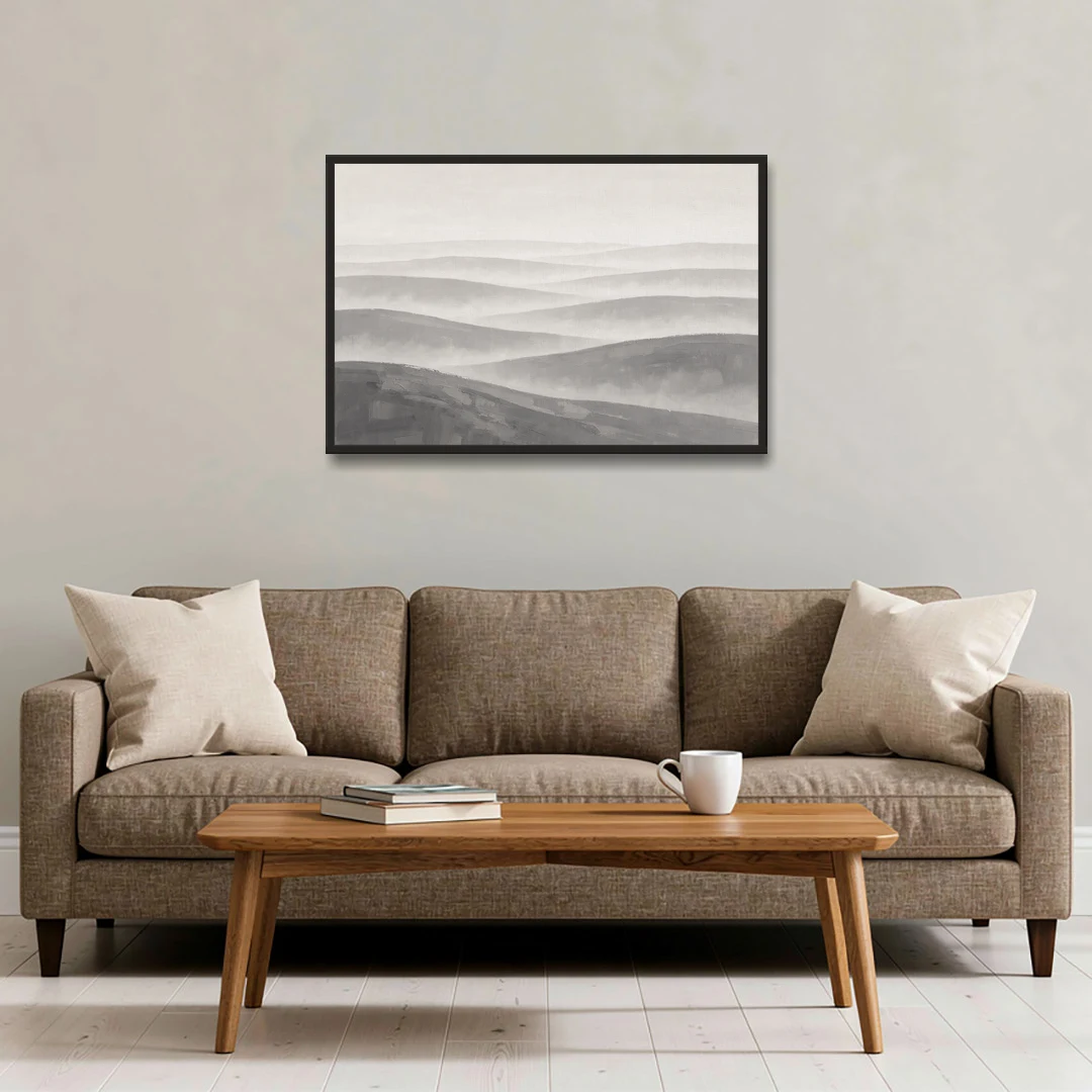 Home Office Wall Decor with Misty Rolling Hills - Black Framed Canvas Wall Art - Sofa - 36x24