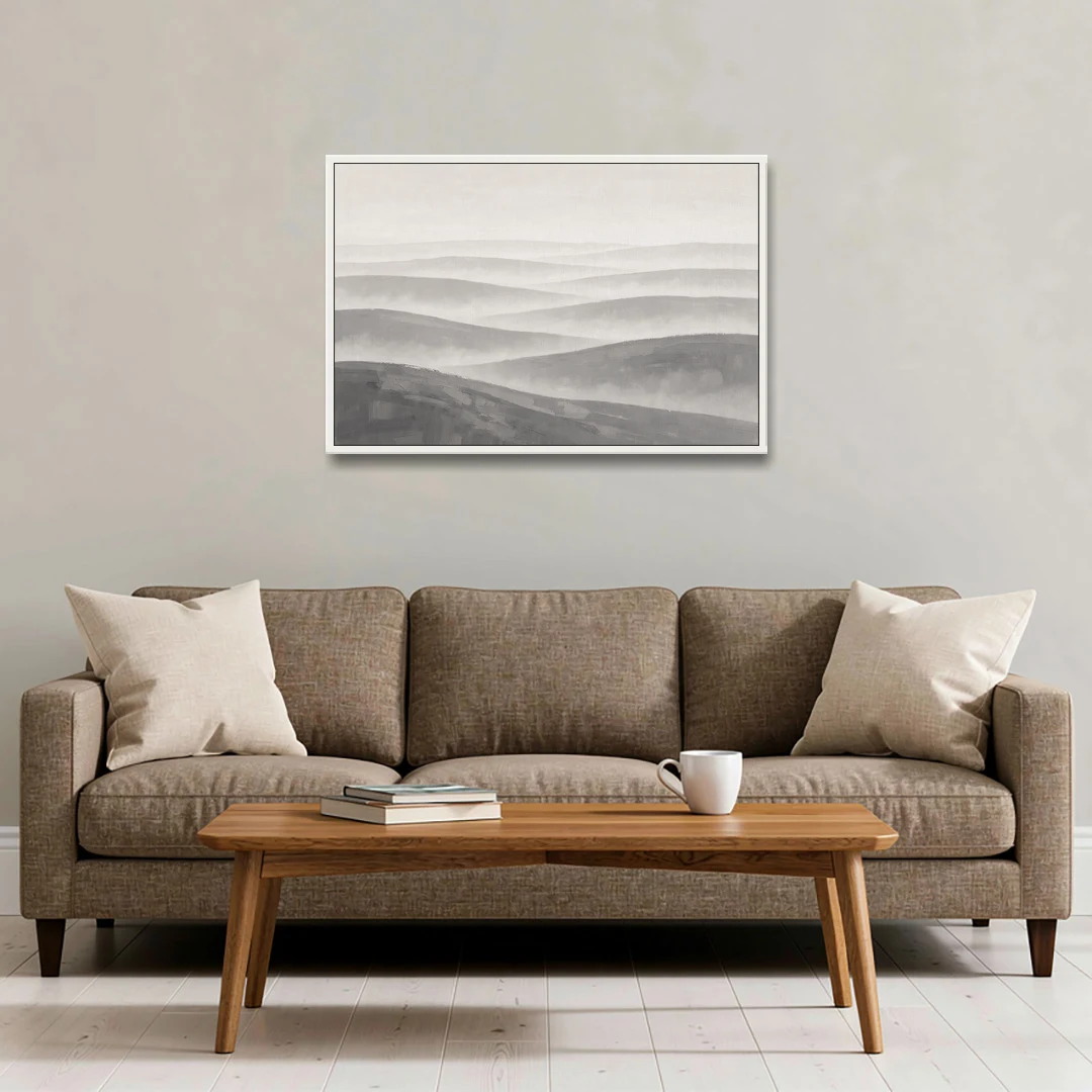 Home Office Wall Decor with Misty Rolling Hills - White Framed Canvas Wall Art - Sofa - 36x24